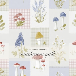 Mushroom Quilt Seamless Pattern, Cottagecore Woodland Floral Patchwork Print, Gingham Botanical Design for Fabric Wallpaper