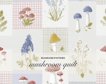Pilz Quilt Nahtloses Muster, Cottagecore Woodland Blumen Patchwork Druck, Gingham Botanisches Design für Stofftapete