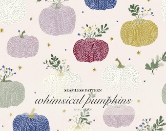 Whimsical Heirloom Pumpkins Seamless Pattern, Fall Pumpkin Floral Repeat in Soft Pastels for Autumn Fabric or Wallpaper