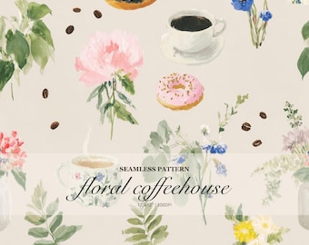 Floral Coffeehouse Seamless Pattern, Coffee Cups Donuts and Wildflowers, Watercolor Cafe Print, Cozy Feminine Design