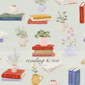 May include: A seamless pattern featuring illustrations of stacked books, potted plants, teacups, and teapots on a light green background. The design includes text reading SEAMLESS PATTERN reading & tea 12"x12" | 300DPI in a dark script font.