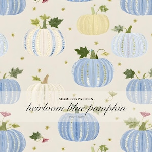 May include: A seamless pattern featuring various pumpkins in shades of blue, cream, and white, decorated with delicate floral and vine motifs, green leaves, and small gold stars on a light beige background with the text SEAMLESS PATTERN heirloom blue pumpkin 12"x12" 300DPI.
