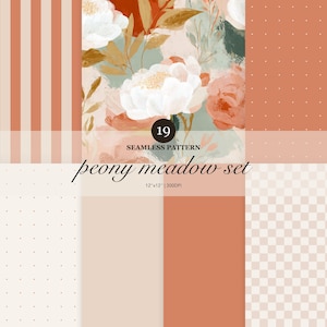 19 Pack Seamless Floral Patterns, Painterly Peach Sage Cream Coordinating Prints with Stripes, Dots, Solids & Checkerboards