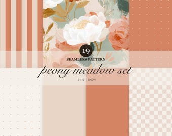 19 Pack Seamless Floral Patterns, Painterly Peach Sage Cream Coordinating Prints with Stripes, Dots, Solids & Checkerboards
