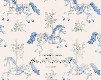 Floral Carousel Seamless Pattern, Blue Pink Horse Print, Whimsical Vintage Nursery Design, Romantic Equestrian Surface Pattern