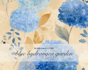 Blue and White Hydrangea Garden Seamless Pattern, Watercolor Floral Repeat Design, Soft Botanical Print for Fabric Paper Decor