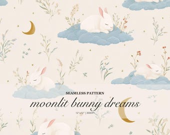 Moonlit Bunny Dreams Seamless Pattern, Sleeping Rabbit Cloud Moon Star Floral Nursery Print, Soft Pastel Whimsical Design