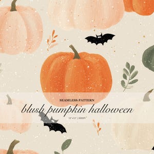 May include: A seamless pattern featuring blush, orange, and white pumpkins with black bats and small leaves on a cream background. The text reads SEAMLESS PATTERN blush pumpkin halloween 12"x12" | 300DPI. The design has a speckled texture.