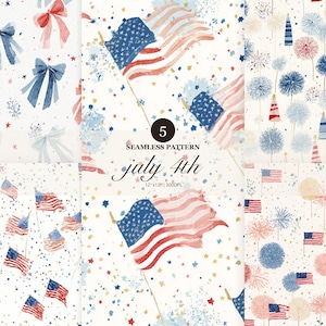 May include: A collection of five seamless patterns with a patriotic theme. The designs feature American flags, bows, fireworks, and the text "July 4th." The color palette includes red, white, and blue, with a watercolor style.