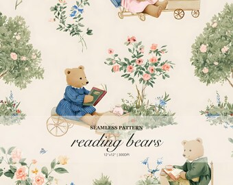 Reading Bears Seamless Pattern, Watercolor Teddy Bear Floral Garden Print, Storybook Nursery Woodland Surface Design