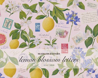 Italian Lemon Postcards Seamless Pattern, Citrus Blossom & Vintage Stamp Digital Paper, Mediterranean Summer Floral Repeat