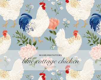 Blue Cottage Chicken Seamless Pattern, Farmhouse Hen and Rooster Floral Digital Design, Country Garden Surface Pattern