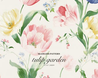 Tulip Garden Seamless Pattern Bundle, Watercolor Floral Print in Pink Blue Yellow, Spring Botanical Design