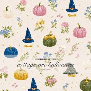 Patrón sin costuras estilo cottagecore para Halloween, estampado de calabazas rosas y azules y sombreros de bruja florales, diseño digital otoñal caprichoso.