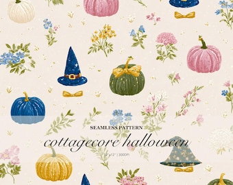 Cottagecore Halloween Seamless Pattern, Pink Blue Pumpkin and Floral Witch Hat Print, Whimsical Autumn Digital Design