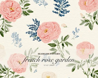 French Rose Garden Seamless Pattern Bundle, Romantic Pink Rose Floral Repeat, Blue Botanical Toile Style