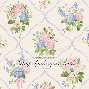 Vintage Hydrangea Trellis Seamless Pattern, Pink and Blue Floral Lattice Digital Paper, Grandmillennial Garden Fabric & Wallpaper Design