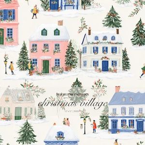 May include: A seamless pattern illustration of a winter Christmas village featuring multi-colored houses with snow-covered roofs, evergreen trees, and small figures. The text reads SEAMLESS PATTERN christmas village 12"x12" | 300DPI.