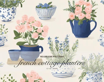 French Cottage Planters Seamless Pattern, Blue and Pink Floral Pot Print, Romantic Garden Toile Style