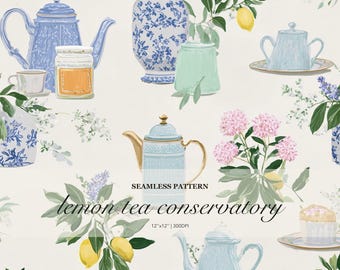 Lemon Tea Conservatory Seamless Pattern, Blue Teapots Chinoiserie Floral Citrus Toile, Garden Tea Party Print Design