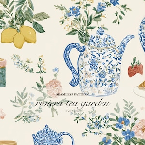 Op de afbeelding: Een naadloos patroon met een blauw-witte bloementheepot, gele citroenen aan groene takken, aardbeien en diverse tuinbloemen op een crèmekleurige achtergrond. De tekst luidt SEAMLESS PATTERN riviera tea garden 12"x12" 300DPI.