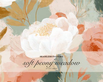 Painterly Peony Floral Seamless Pattern, Abstract Leaves, Peach Sage Terracotta (Digital Download)