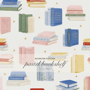 May include: A seamless pattern featuring stacks of books in pastel shades of blue, pink, yellow, and green on a light background, accented with small gold stars. The text reads SEAMLESS PATTERN pastel bookshelf 12"x12" 300DPI.