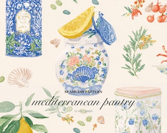 Mediterranean Watercolor Pattern, Lemons, Ginger Jars, Lobsters, Shells (Digital Download)