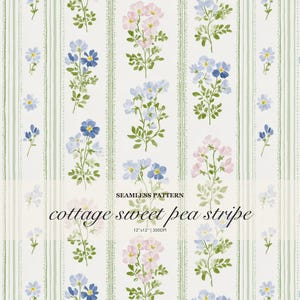 May include: A seamless pattern featuring vertical stripes in light green and white, interspersed with floral illustrations of blue and pink sweet pea flowers. The text reads SEAMLESS PATTERN cottage sweet pea stripe 12"x12" | 300DPI.