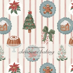 Christmas baking seamless pattern, watercolor holiday dessert print with gingerbread, poinsettia and candy cane for fabric, gift wrap