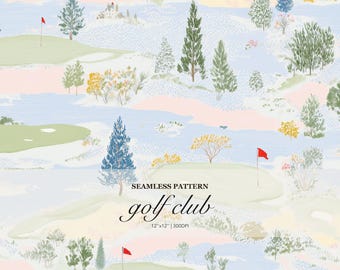 Golf Course Seamless Pattern, Pastel Fairway Landscape Print, Putting Green Scenic Repeat Surface Design
