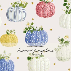 May include: A seamless pattern featuring illustrated pumpkins in various colors including blue striped, pink speckled, yellow, and white, each topped with green leaves and white flowers, accented by gold stars and the text SEAMLESS PATTERN harvest pumpkins 12x12 300DPI.