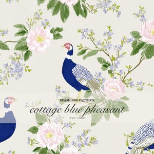 Patrón sin costuras de faisanes azules estilo cabaña, estampado floral rosa de pájaros, estilo toile de jardín vintage, estampado botánico romántico repetitivo