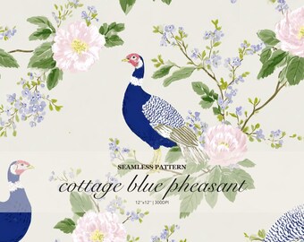 Cottage Blue Pheasant Seamless Pattern, Pink Floral Bird Print, Vintage Garden Toile Style, Romantic Botanical Repeat