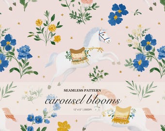 Carousel Blooms seamless pattern bundle, whimsical horse and floral repeat design on blush pink, storybook nursery digital print