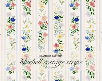 Bluebell Cottage Stripe Seamless Pattern, Soft Watercolor Floral Stripe Design in Blue Pink Cream, Cottagecore Botanical Digital Print