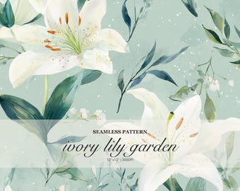 Ivory Lily Garden Seamless Pattern, Watercolor Floral Design in Soft Sage and White for Elegant Surface Design
