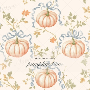 Pumpa sömlöst mönster digitalt papper, vintage höst botaniskt tygtryck, blå rosett kokett höstdesign för tapet