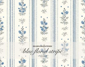 Blue Floral Stripe Seamless Pattern, Vintage Botanical Repeat (Digital Download)