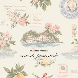 May include: A seamless pattern titled seaside postcards 12x12 300DPI featuring watercolour illustrations of coastal villas, pink flowers, lemons, a plate with an oyster, a wine glass, and vintage-style postage stamps on a cream background.