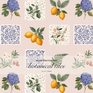 May include: A seamless pattern featuring botanical tiles on a light pink background. The design includes illustrations of blue hydrangeas, yellow lemons, white flowers, strawberries, and ferns, with text reading SEAMLESS PATTERN botanical tiles 30cm x 30cm | 300DPI.