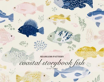 Coastal Storybook Fish Seamless Pattern Bundle, Watercolor Ocean Fish Print, Nautical Nursery Surface Design, 1 Pack