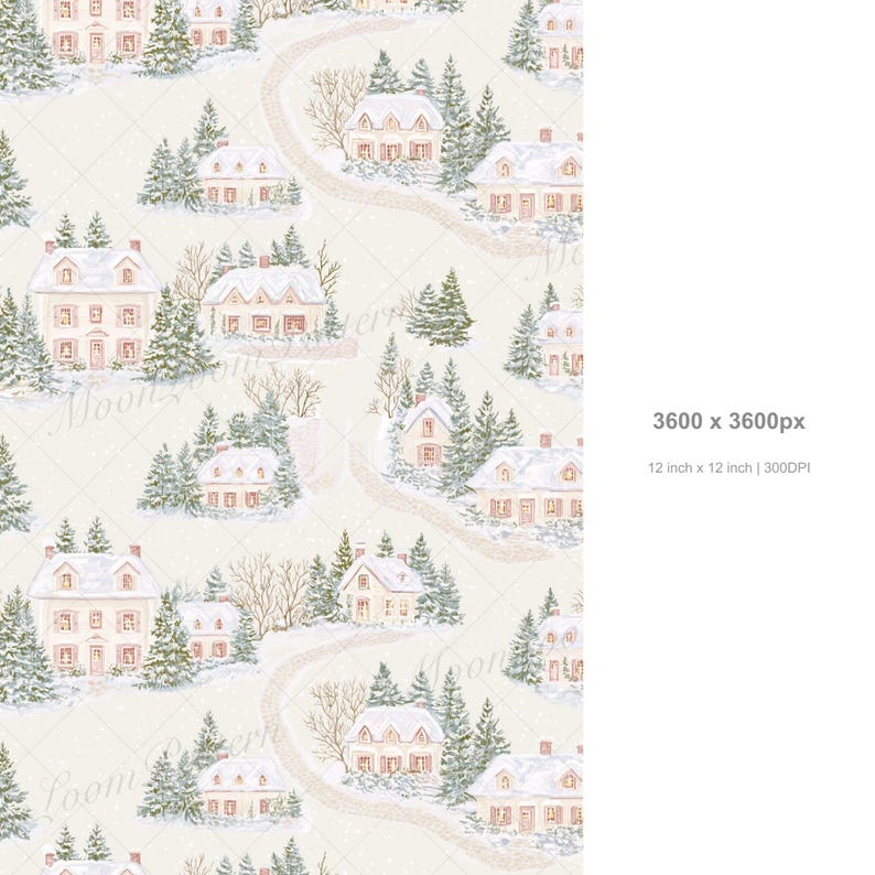 Snowy Pattern Paper Winter Village Seamless Pattern, Watercolor Snowy Cottage Digital Paper ...