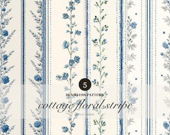 Blue Toile Floral Stripe Seamless Pattern, Vintage Botanical Repeat (Digital Download)