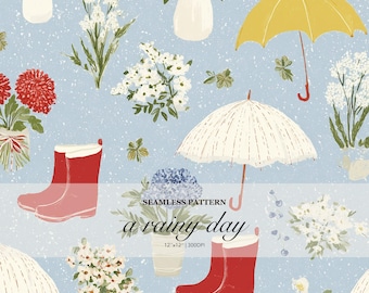 Vintage Rainy Day Seamless Pattern, Floral Umbrella and Red Rain Boots Print, Blue Background Spring Garden Surface Design