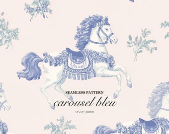 Carousel Bleu Seamless Pattern, Blue Floral Horse Toile Print, Vintage Equestrian Repeat Design for Fabric Wallpaper