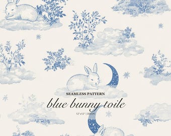 Blue Bunny Toile Nursery Seamless Pattern, Vintage Rabbit Moon Cloud Print, Celestial Nursery Floral Repeat Design