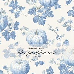 Może przedstawiać: Bezszwowy wzór przedstawiający niebieskie rysunki liniowe dyń i liściastych pnączy na kremowym tle. Tekst SEAMLESS PATTERN blue pumpkin toile 12"x12" 300DPI jest wyśrodkowany na projekcie czcionką w kolorze czarnym.