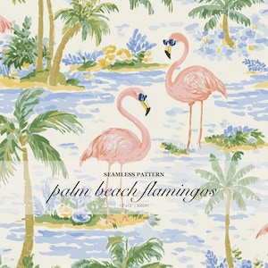 May include: A seamless pattern featuring pink flamingos wearing blue sunglasses, interspersed with green palm trees and yellow and blue floral clusters on a cream background. Text reads: SEAMLESS PATTERN palm beach flamingos 12"x12" | 300DPI.