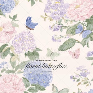Op de afbeelding: Een naadloos patroon met aquarelillustraties van roze en blauwe hortensia's, groene bladeren en diverse vlinders in blauw, roze en lichtgroen op een crèmekleurige achtergrond. Tekst: SEAMLESS PATTERN floral butterflies 12"x12" 300DPI.